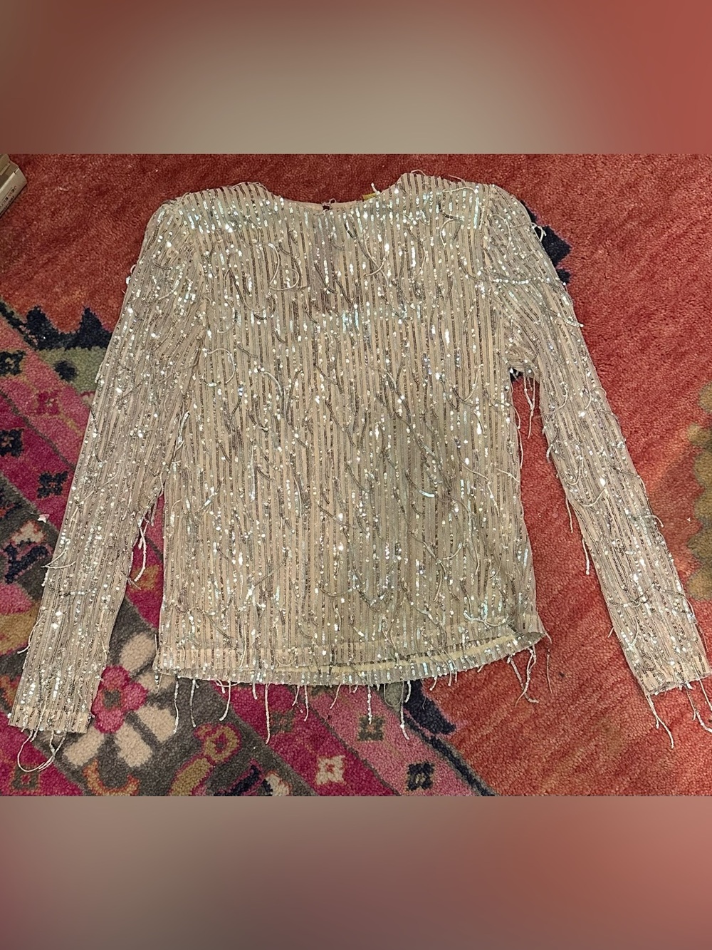 Endless Rose Sequin & Fringe Long-Sleeve Top in Champagne